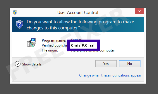 Screenshot where Chris P.C. srl appears as the verified publisher in the UAC dialog